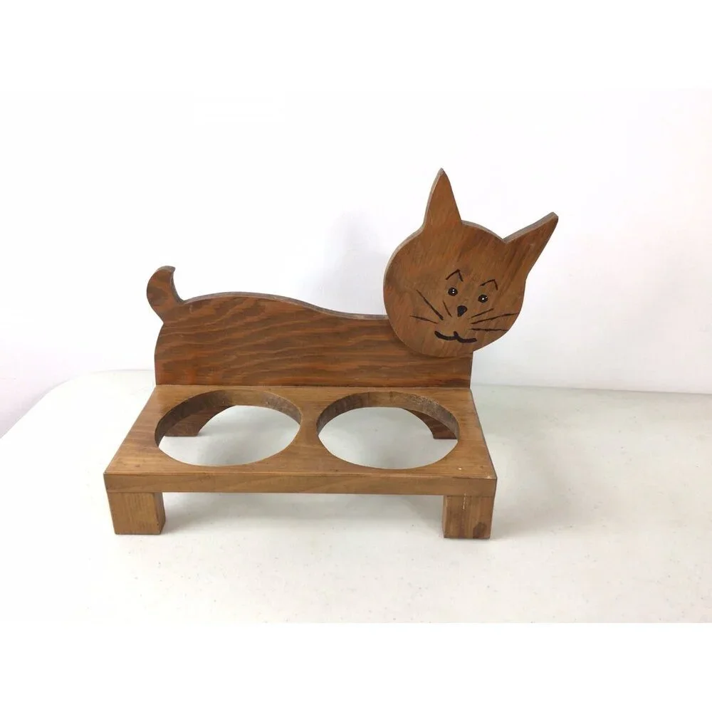 Vintage Wooden Cat Dish Holder